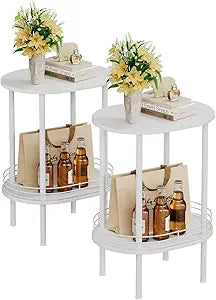 White Side Table Set of 2,Small Modern Round Side Table with Storage,2-Tier Nightstand,End Table for Small Space,Living Room,Bedroom, Nursery, (2PC,White)