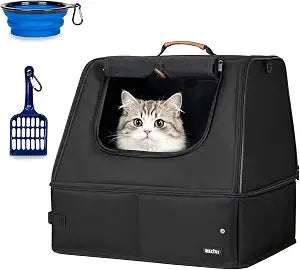 Portable Cat Travel Litter Box with Lid, Scoop,Bowl,No Collapse with Bottom Hard Base Insert,Leak-Proof, Easy Clean Odor-Control Cat Travel Essentials for Car, Hotel, Airplane, Camping,Trips