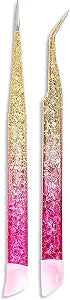 Ouligay 2Pcs Double Ended Nail Art Tweezers Stainless Steel Tweezer Straight Curved Tip Tweezers with Silicone Pressing Head for Nail Crafts Rhinestone Stickers Jewel Gem Picker Tool