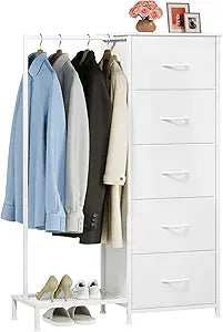 Somdot Dresser with Hanging Rack, 5 Drawers Small Closet for Bedroom, Reversible Dresser with Clothes Rack, Kids Dressers for Bedroom Chest of Drawers, Tall Storage Tower, White Leather
