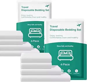 Disposable Bed Sheets Queen Size 8-Pack - Travel Bedding Set with 2 Flat Sheets, 2 Quilt Covers & 4 Pillowcases for Hotels, Business Trip, Spa, Camping - Non-Woven Bed Cover (2 Pack)