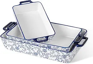 Ceramic Bakeware Set - Casserole Dish Baking Dishes for Oven - Rectangular Lasagna Pans with Handles for Kitchen Cooking - Microwave & Dishwasher Safe - Set of 3 (15.1''/13.6''/9.9'') - Blue