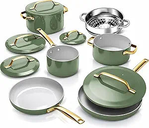 Gotham Steel Modern 11 Pc Ceramic Cookware Set, Elegantly Designed Pots and Pans Set Non Stick with Steamer, Induction Bottom, Premium Stay Cool Handles, Non Toxic PFOA Free, Oven & Dishwasher Safe