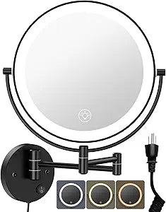 Benbilry 9" Large Wall Mounted Lighted Makeup Mirror, 1X/10X Magnifying 2-Sided AC Plug-in Powered Bathroom Mirror with 3 Color Lights, Touch Dimmable, Extended Arm 360 Rotation, Black