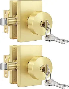 Goldenwarm Brushed Gold Entry Door Knob, Keyed-Alike Exterior Door Knobs with Lock and Key, Security for Exterior and Front Door Handles 2 Pack