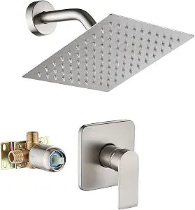 Brushed Nickel Shower Faucet Single Function Trim Kit with Rough-in Valve Set Bath Rainfall Shower System 8inch Square Stainless Steel Metal Shower Head