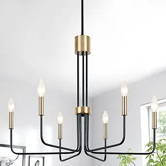 Modern Black and Gold Chandelier,6-Light Farmhouse Chandelier for Dining Room Light Fixtures Ceiling Hanging Industrial Chandelier Light Fixture for Kitchen Living Room Bedroom Entryway