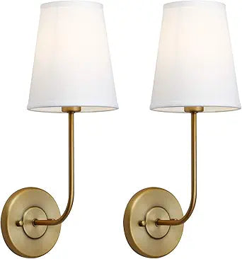 Pathson Set of 2 Hardwired Wall Sconces White Fabric Shade, Vintage Bathroom Wall Light Fixtures Decor for Bedroom Living Room, Brass Finish Sconces (Antique Brass)