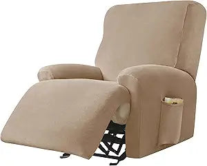 Stretch Recliner Covers, 4-Piece Ultra Soft Velvet Recliner Chair Slipcover Single Seat Couch Cover Furniture Protector with Pocket (Camel)