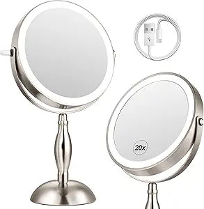 20x Magnifying Mirror with Light, 5000mAh Lighted Makeup Mirror with 3 Color Modes and Adjustable Brightness, Side Charging Port & SideTouch Sensor, 360 Rotation -Brushed Nickel