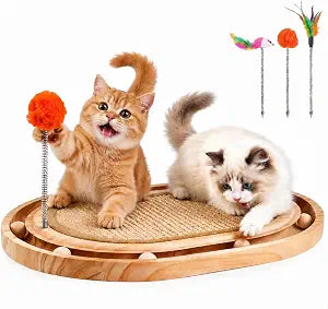Cat Scratch Pad with Ball Track and Spring Toy, Wooden Cat Scratcher with Sisal Scratching Mat, Ball Track System and 3 Replacement Toy for Cats Scratching,Chasing and Playing (Nature Wood)