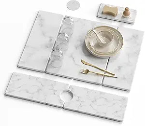 3 PCS Large Stone Dish Drying Mat for Kitchen Counter -24"x16" Absorbent Diatomaceous Earth Mat with Stone Faucet Mat & Soap Tray - Quick Dry, Collapsible, Non-Slip Countertop Organizer