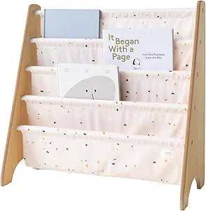 3 Sprouts Kids Bookshelf with Recycled Fabric - 4-Tier Sling Storage for Kids Rooms Holds 35 Titles - Toddler Organizer for Ages 3+ - Terrazzo Pink