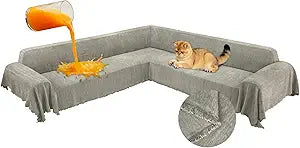 1OO% Waterproof Corner Sectional Couch Covers L Shape Chenille Sectional Sofa Cover with Tassel Soft Thick Washable Sofa Slipcover Furniture Protector for Dogs Pets (91" x 252", Khaki)