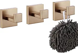 KOKOSIRI Robe Hooks for Wall Bathroom Towel Hooks Coat Hook Kitchen Garage Heavy Duty Wall Mounted Champagne Bronze Stainless Steel, 3 Pack B1010CPG-P3