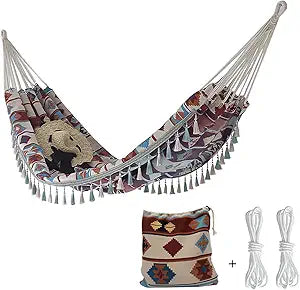 Double Boho Macrame Hammock with Tassels, Portable Patio Hammock with Carry Bag for Poolside, Camping, Porch Patio, Bedroom, Balcony, OutdoorIndoor59''*79''