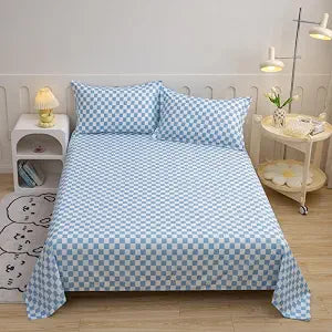 Wellboo Blue White Plaid Bed Sheet Set King Women Girls Light Blue and White Checkerboard Grid Flat Sheets Modern Dusty Blue Checkered Geometric Fitted Sheet with 2 Pillowcases 4 PCS Luxury Sky Blue