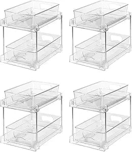 4 Pack Clear Bathroom Organizers and Storage, 2 Tier Pull Out Under Sink Cabinet Organizer Plastic Drawer Organization and Storage for Bathroom and Kitchen