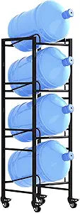 4 Tier 5 Gallon Water Jug Holder with 4 Lockable Wheels - Water Bottle Rack Organizer with Movable Casters, Heavy Duty Water Storage Rack Dispenser Stand for Kitchen Office Garage/Black