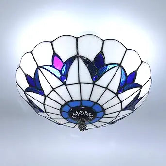 16 Inch Vintage Chandeliers Light Tiffany Style Ceiling Light Stained Glass Flush Mount Ceiling Lighting Fixture Lamp (16 Inch White Blue)