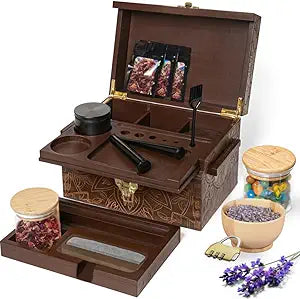 Stash Box Bamboo Storage Box with Combination Lock  Wooden Organizer Box with Removable Tray, Glass Jars & Accessories, Decorative Lockable Bamboo Box with Lid,Home Kitchen Pantry Stashbox Dark Brown