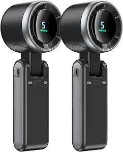 2-Pack Foldable Handheld Fan, 10000mAh Rechargeable Turbo Fan with Digital Display & 5 Speeds, Strong Winds Portable Mini Fan for Travel, Office, Outdoor, Gifts for Men Women (2 Gray)