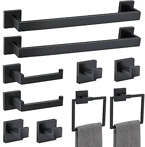 Matte Black 10 Pieces Bathroom Hardware Accessories Set Towel Bar Set Towel Holder Racks Set for Bathroom,SUS304 Stainless Steel,Wall Mounted 16-Inch