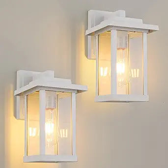 Outdoor Wall Sconce, Outside Porch Light Fixtures, Anti-Rust Exterior Wall Lights in Matte White Finish with Clear Glass for Garage Doorway Entryway, 2 Pack