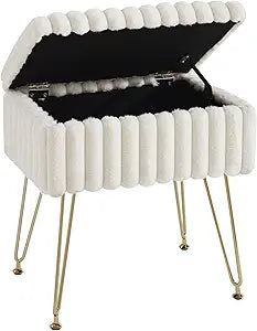 EBENCHICO Vanity Stool Chair with Storage, Faux Fur Stools for Vanity Makeup, Foot Stool Ottoman with 4 Metal Legs, Small Vanity Bench Seat Chairs for Living Room Bedroom