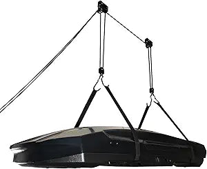 2026 Upgrade Cargo Box Garage Pulley System, Heavy-Duty Aluminum Ceiling Hoist, 125 lbs Capacity Overhead Storage Lift for Cargo Box, Kayak, Ladder, Bike, Black, Fits 10-18ft Ceilings