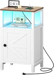 Yoobure Farmhouse NightStand with Charging StationWood Night Stand End Table with USB Ports, LED Bed Side Table with Storage CabinetBedside Table for Bedroom, Living Room White