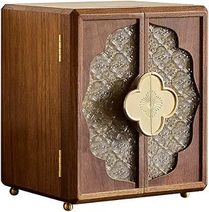 Double Door Jewelry Box - Black Walnut Wood, Velvet Lining, Gold Handle, Magnetic Closure, Handmade Storage for Birthday, Wedding| 5-Layer