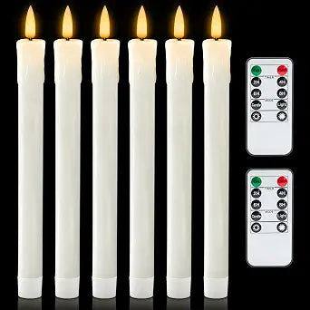 Homemory 9.6 Inches Waxy Flameless Taper Candles with Remote Timer Dimmer, Flickering LED Candlesticks, Battery Operated Window Candle for Christmas Wedding Decor, 6 Pcs White Drip Taper Candles