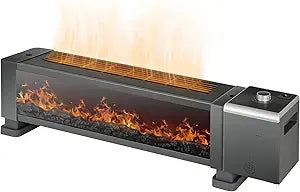 33Γ│ Baseboard Heater with Fireplace, 1500W Space Heater for Large Room Office, Convection Electric Fireplace with Realistic 3D Flame Effect, Adjustable Thermostat, Overheat Protection, No Fan Design