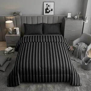 Manfei Black Grey Stripes Twin Size Comforter Set,Modern Simple Style Striped Duvet Set Soft Bed Collection,Minimalism Theme Bedding Comforter for Boys Girls Bedroom,2 Pcs