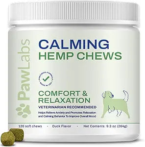 PAWLABS Calming Hemp Chews for Dogs - Relieve Anxiety & Stress - Organic Hemp, Chamomile, Protein Powder, Valerian Root - Natural Calming Aid - Vet Formulated, USA Made - Duck Flavor - 120 Count