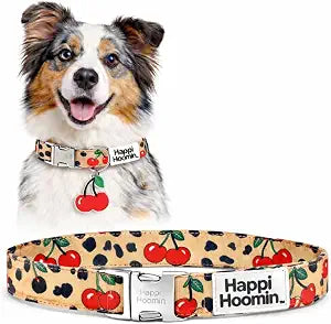 Adjustable Velvet Dog Collar with Metal Buckle & Poop Bag Holder for Medium & Large Dogs, Cute Fashion Pet Set (Cheetah & Cherries)