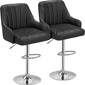 VECELO Bar Stools Set of 2, Adjustable Barstools, Counter Height Stools with Back and Arm, Kitchen Island Stools, Swivel PU Chairs for Pub, Dining Room, Modern Style, Black