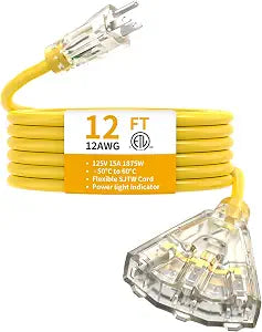 12FT 12/3 Heavy Duty Outdoor Extension Cord Multiple Outlets Lighted ETL