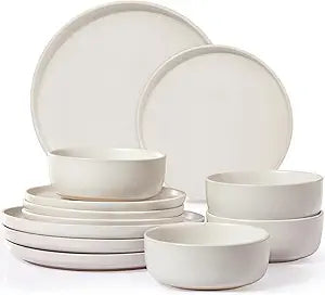 Ceramic Plates and Bowls Sets, White Dinnerware Set for Kitchen, Modern Design Dinner Plates, Stoneware Dishware Sets, Microwave and Dishwasher Safe