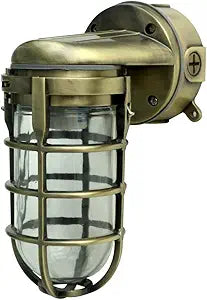 Woods L1707SVAB Traditional 100W Incandescent Weather Industrial Light; Suitable for Indoor and Outdoor Use; Wall Mount; Metal Die Cast Construction and Tempered Glass Lens; Antique Brass