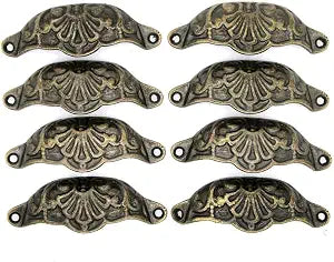 8 PCs Seashell Shaped Pull Handles with Antique Brass Finish  Cabinet Cup Pulls - with Embossed Pattern, Length 3.9-in Height 1.3-in