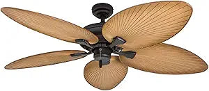 Honeywell Ceiling Fans Palm Island, 52 Inch Tropical Indoor Outdoor Ceiling Fan with No Light, Pull Chain, Two Mounting Options, 5 Palm Leaf Blades, Damp-Rated - 50505-01 (Bronze)