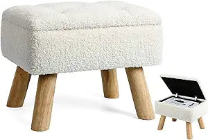 OGEMXU Storage Ottoman, Small Foot Stool Ottoman with Storage, Boucle Teddy Velvet Foot Rest with Padded Seat, Sturdy Wood Legs Stool for Living Room, Bedroom, Couch, Enterway (Cream)