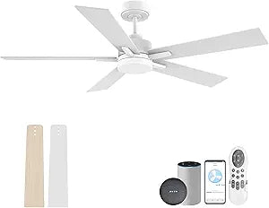 Lorpies 52 Smart Ceiling Fan with Lights Remote,Voice Control via Alexa Google WIFI App,Ultra Quiet DC Motor,Outdoor Indoor Modern Ceiling Fans,6-Speed for Bedroom Patio Porch,White and Wood Color