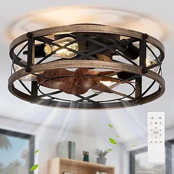 Farmhouse Caged Ceiling Fan with Light Flush Mount, Small Fandelier Low Profile Ceiling Fan with Light, Rustic Bladeless Ceiling Fans with Lights and Remote for Kitchen, Bedroom, 6 Speeds