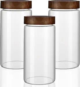 3 Pack 40 fl oz/1200 ml Clear Glass Storage Canister with Airtight Wooden Screw On Lid, Large Tall Decorative Glass Container Jar Set for Coffee, Nut, Tea, Candy, Cookie, Cereal, Sugar, Flour