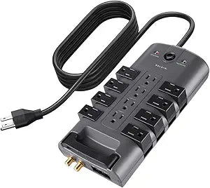 Belkin Surge Protector Power Strip w/ 8 Rotating & 4 Standard Outlets - 8ft Sturdy Extension Cord w/Flat Pivot Plug for Home, Office, Travel, Desktop & Charging Brick - 4320 Joules of Protection -...