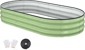 Raised Garden Bed, 6x3x1ft Galvanized Outdoor Planter Beds with Safety Edging and Gloves, Oval Metal Planter Box for Gardening Vegetables Flowers Herb-Green