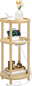 HOOBRO Small Round Side Table with Charging Station, 3-Tier Round Bamboo End Table, Compact Sofa Bedside Table for Small Space, Easy Assembly, for Living Room, Bedroom, Apartment, Natural YL152UBZ01